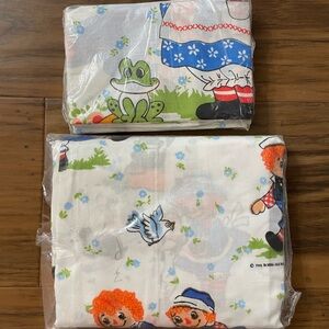 Vintage Raggedy Ann and Andy Bed Linens Twin Fitted Sheet Two Pillowcases 1970s